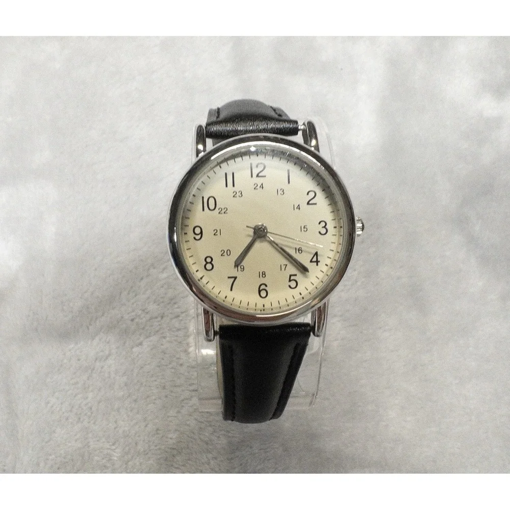 Mens Minimalist 30mm Watch Black Leather Strap 24 Hour Dial Silver Case